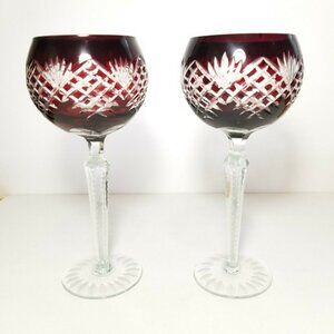 Lot of 2 Bavarian ruby red and clear cut glass wine goblets stemmed glasses 8.5"